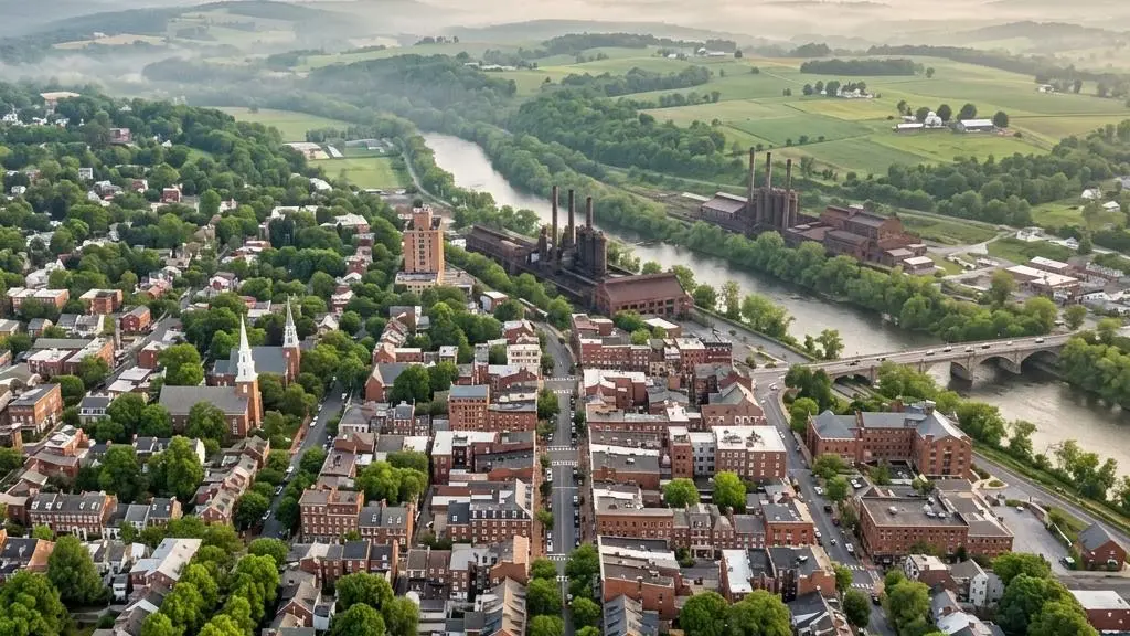 Aerial view of a historic Pennsylvania city with brick buildings and green hills beyond
