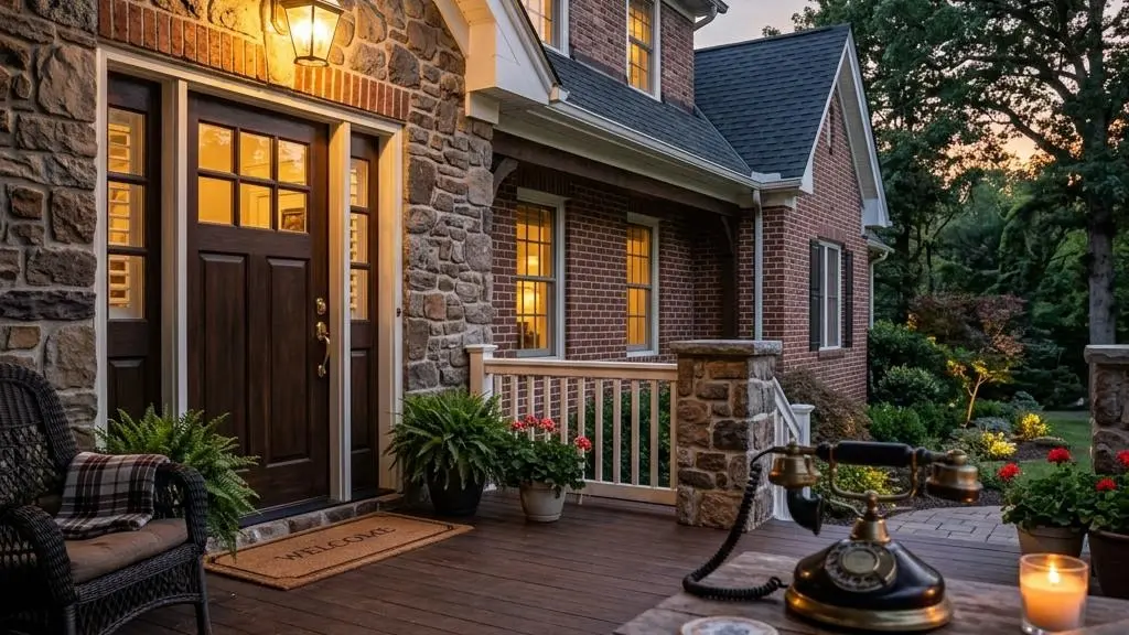 Stone and brick colonial porch at dusk with a warm light and a telephone on a wooden table
