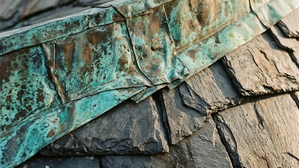 Close view of copper roof flashing meeting dark slate shingles
