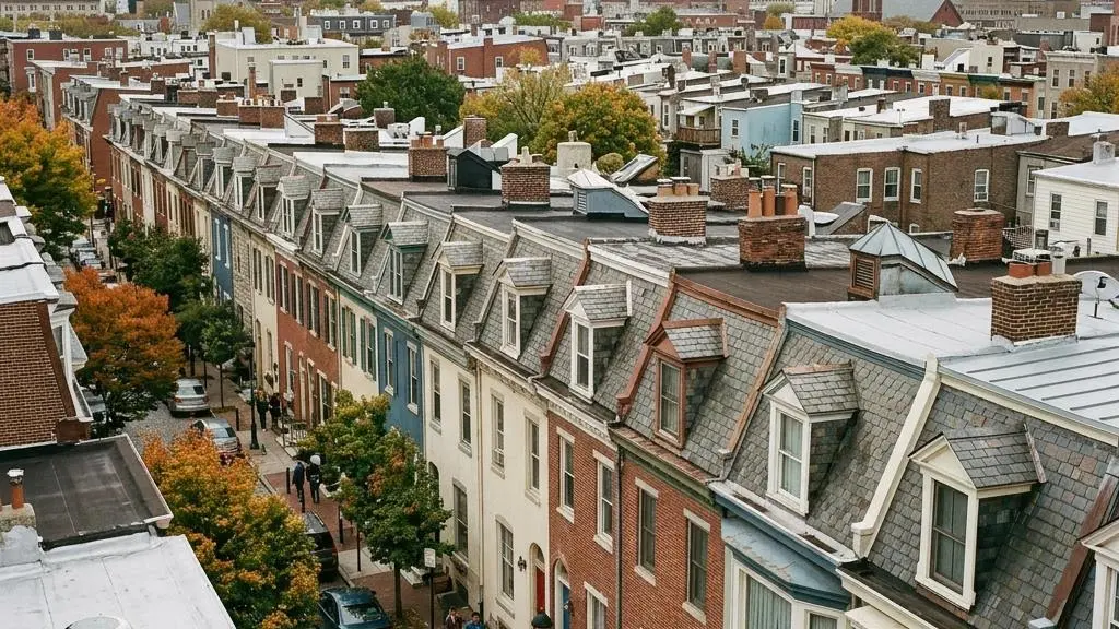 Historic brick rowhouses with varied shingle and slate roofs under soft overcast light