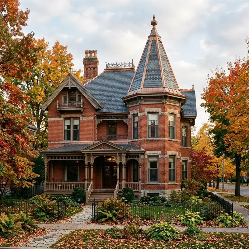 Brick Victorian home with a slate roof and copper capped turret framed by autumn trees