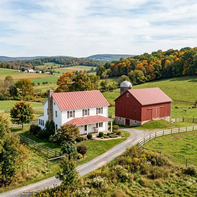 White farmhouse with a red standing seam metal roof beside a large barn