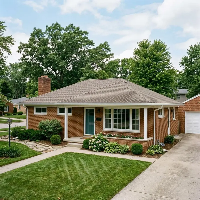 Brick ranch house with weathered wood colored shingles and white gutters