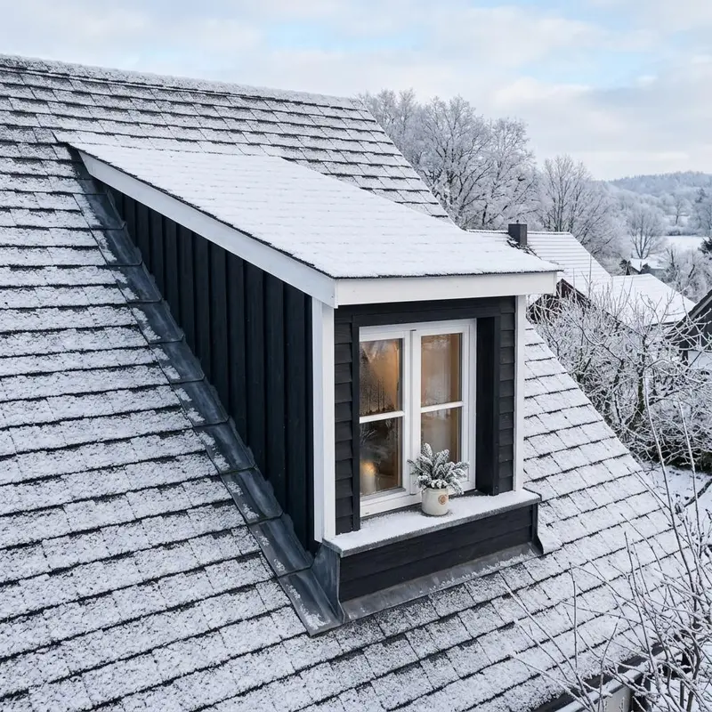 Snow dusted dormer on a steep shingle roof with metal step flashing