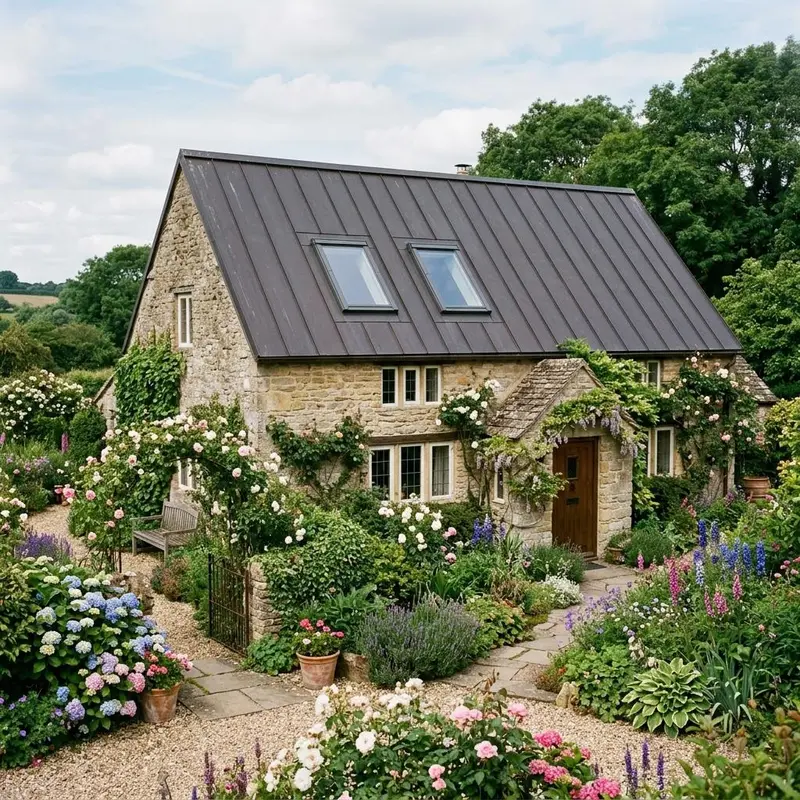 Stone cottage with a dark bronze metal roof and two skylights above a garden