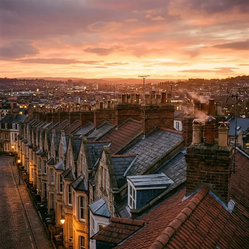 Row of historic brick rowhouse roofs and chimneys glowing at sunset