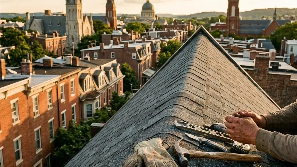 Roofing tools resting on new charcoal shingles atop a brick rowhouse, with church steeples and city rooftops in York, Pennsylvania behind