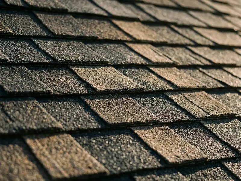 Close view of textured charcoal and weathered wood colored architectural asphalt shingles