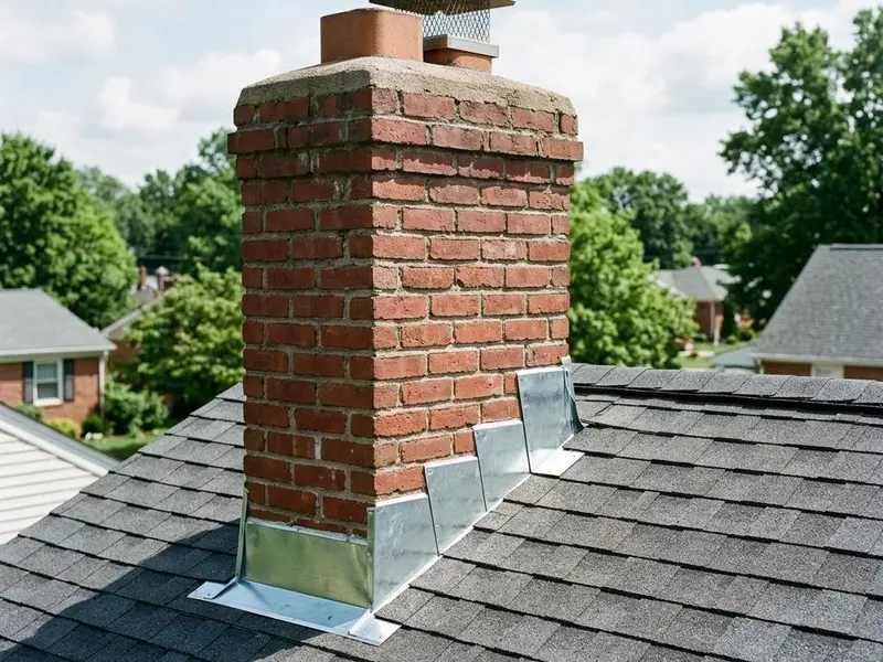 Brick chimney on a shingle roof with new step and counter flashing at its base