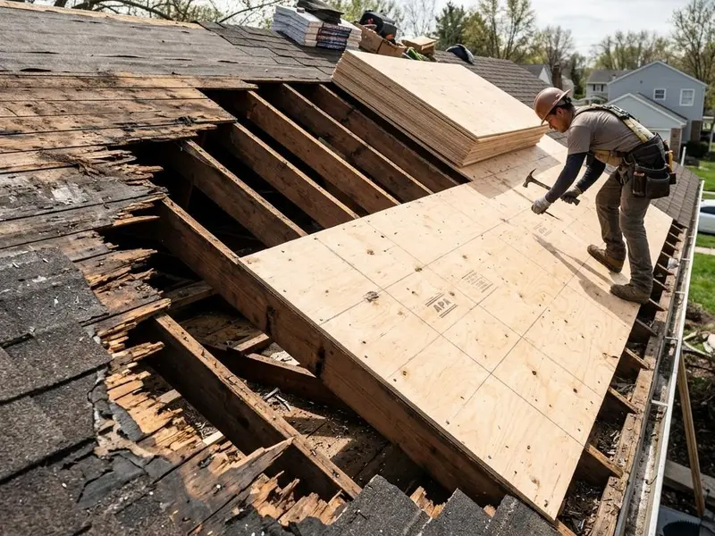 New plywood sheathing replacing rotted roof decking over exposed rafters