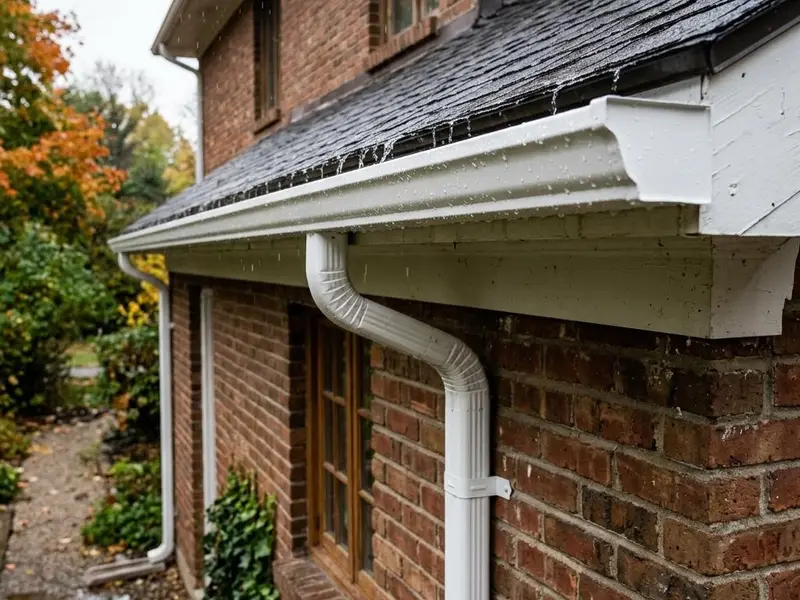 New aluminum gutter and downspout along the eave of a brick house with rain droplets