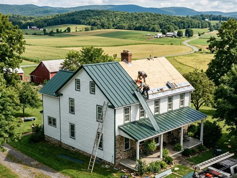 Dark green metal roof panels being installed on a rural Pennsylvania farmhouse