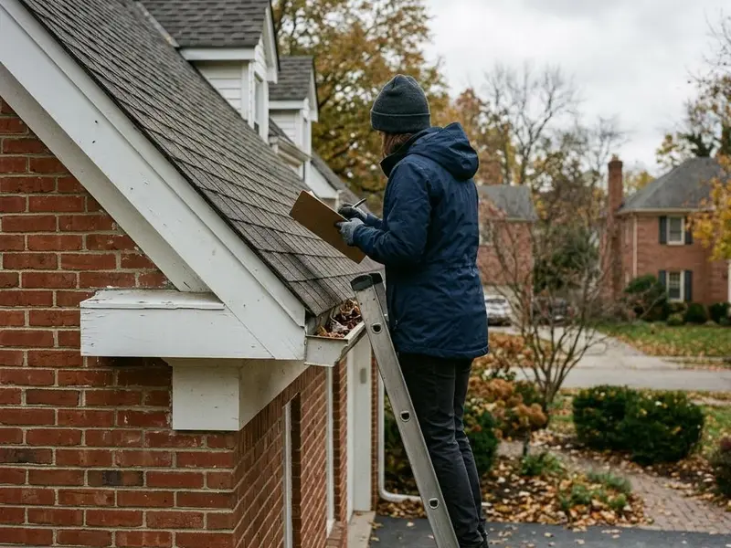 Person on a ladder with a clipboard inspecting shingles and gutters on a brick house