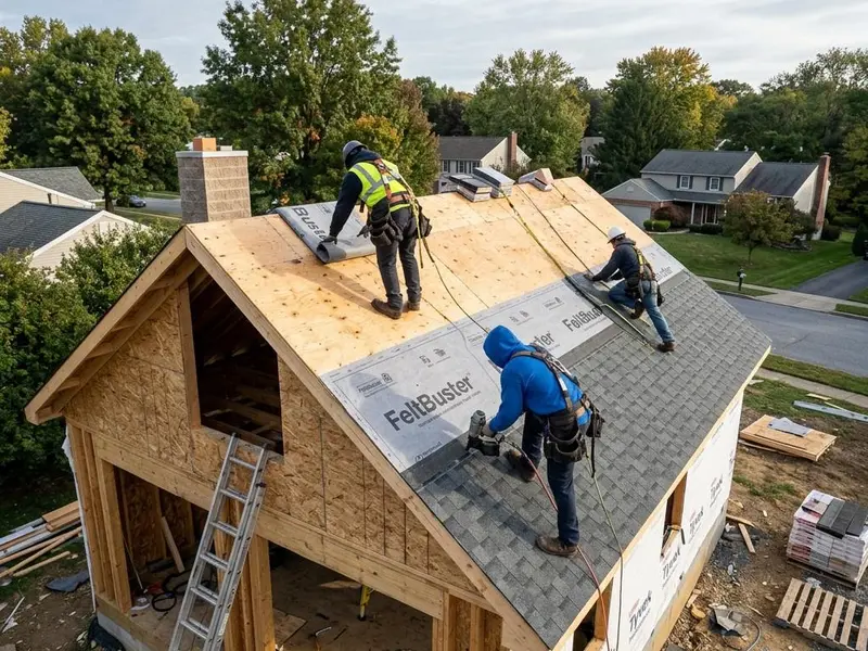 Roofers laying underlayment over new plywood roof decking on a house under construction