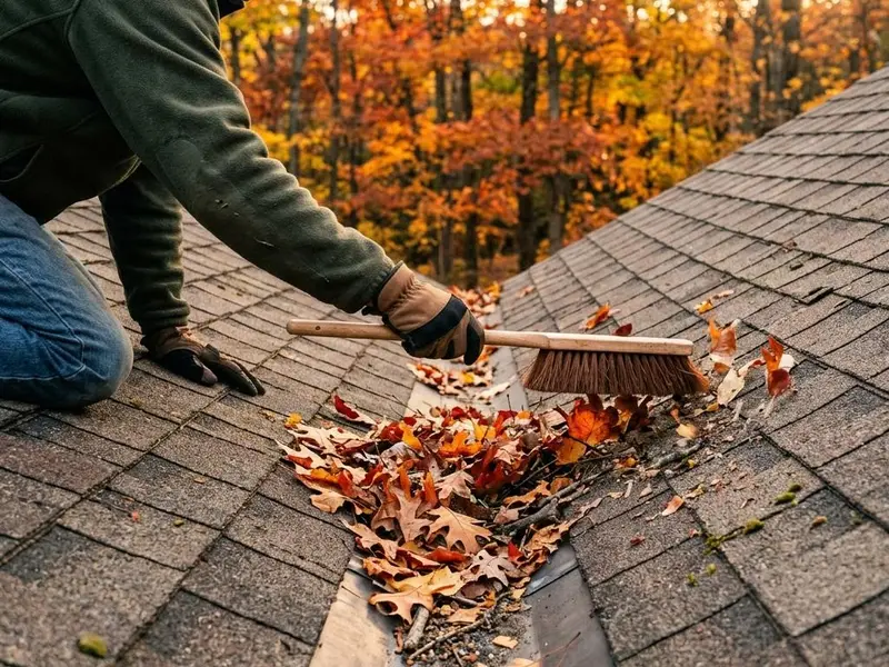 Soft brush clearing autumn leaves from a shingle roof valley in warm fall light