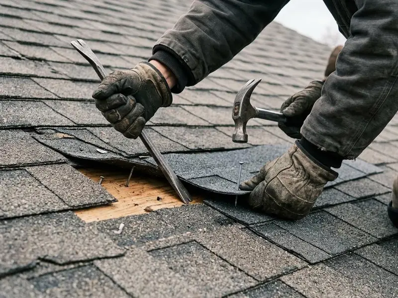 Gloved hands replacing damaged asphalt shingles with a pry bar on a sloped roof