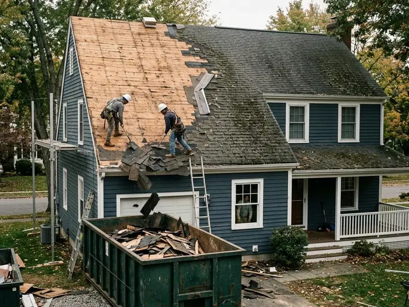 Old shingles being removed from a colonial home down to the decking