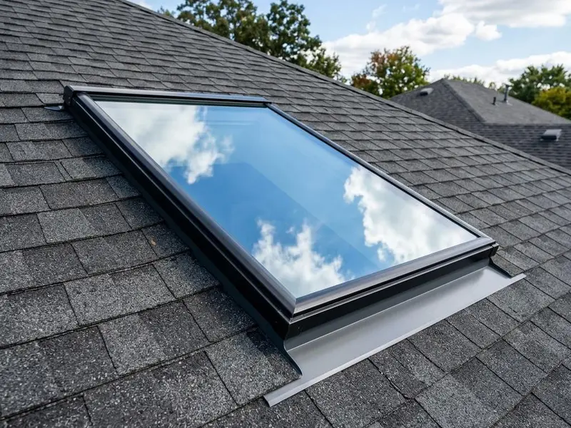 New skylight set into a shingle roof with crisp metal flashing around the frame