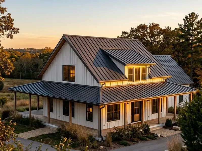 Charcoal standing seam metal roof with crisp vertical seams on a modern farmhouse at low sun