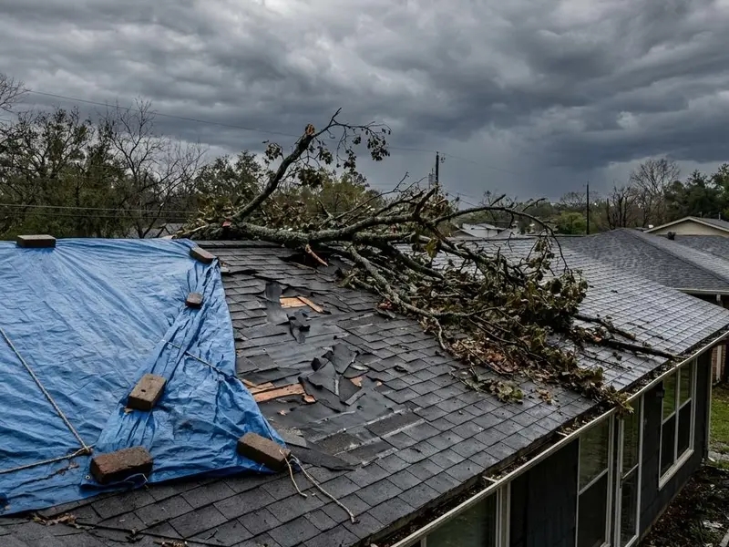 Shingle roof with a fallen branch, missing shingles, and a tarp under a gray sky after a storm