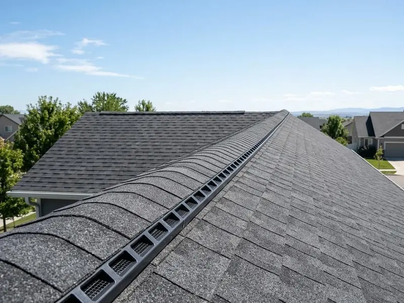 Continuous ridge vent running along the peak of a shingle roof against a clear sky
